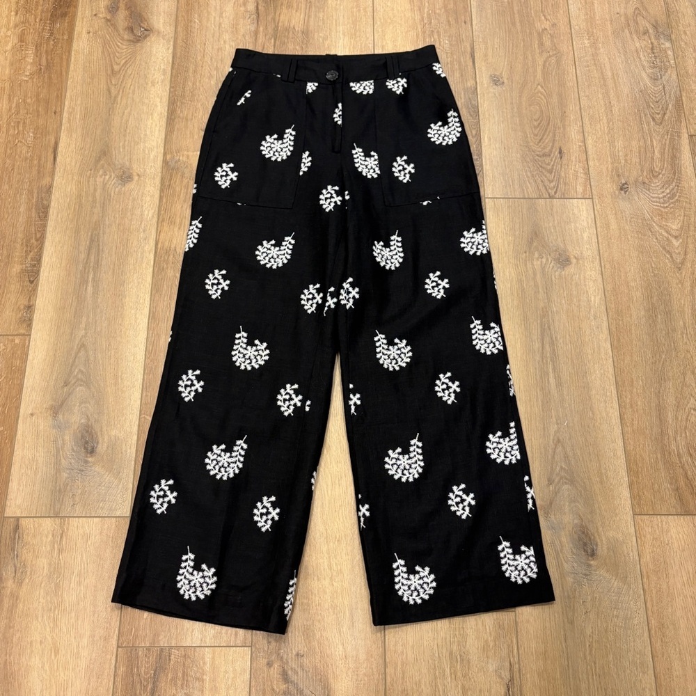 🌟ELIE TAHARI🌟 FLORAL EMBROIDERED WIDE LEG LINEN PANT BLACK / WHITE SZ 8